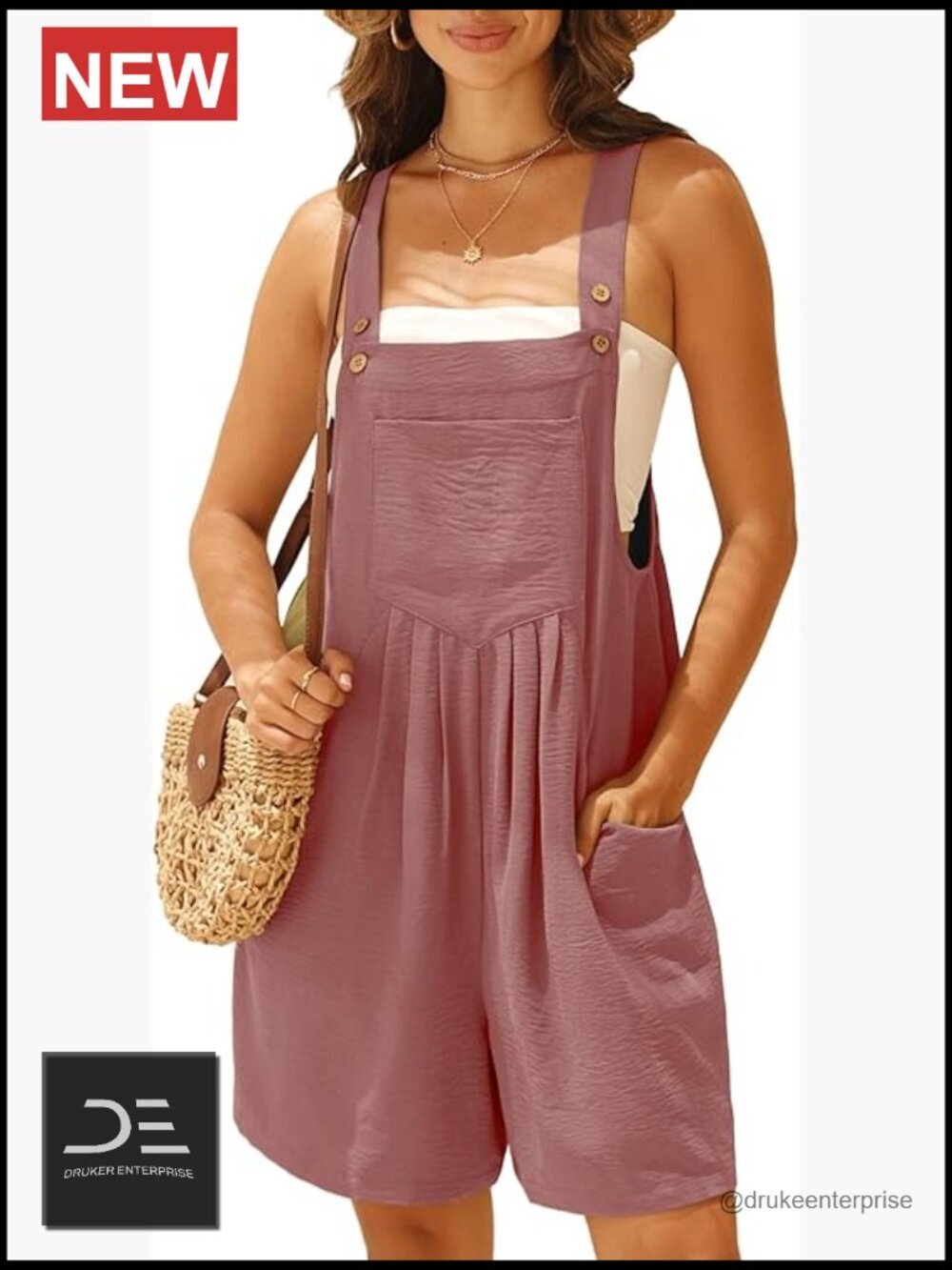 Sleeveless Square Neck Short Overalls Romper with Pockets and Adjustable Straps